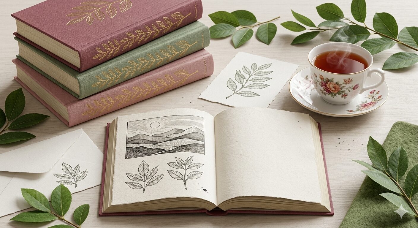 A cozy flat-lay of stacked books with gold leaf detailing, an open sketchbook, a cup of tea and fresh leaves in rose and sage tones